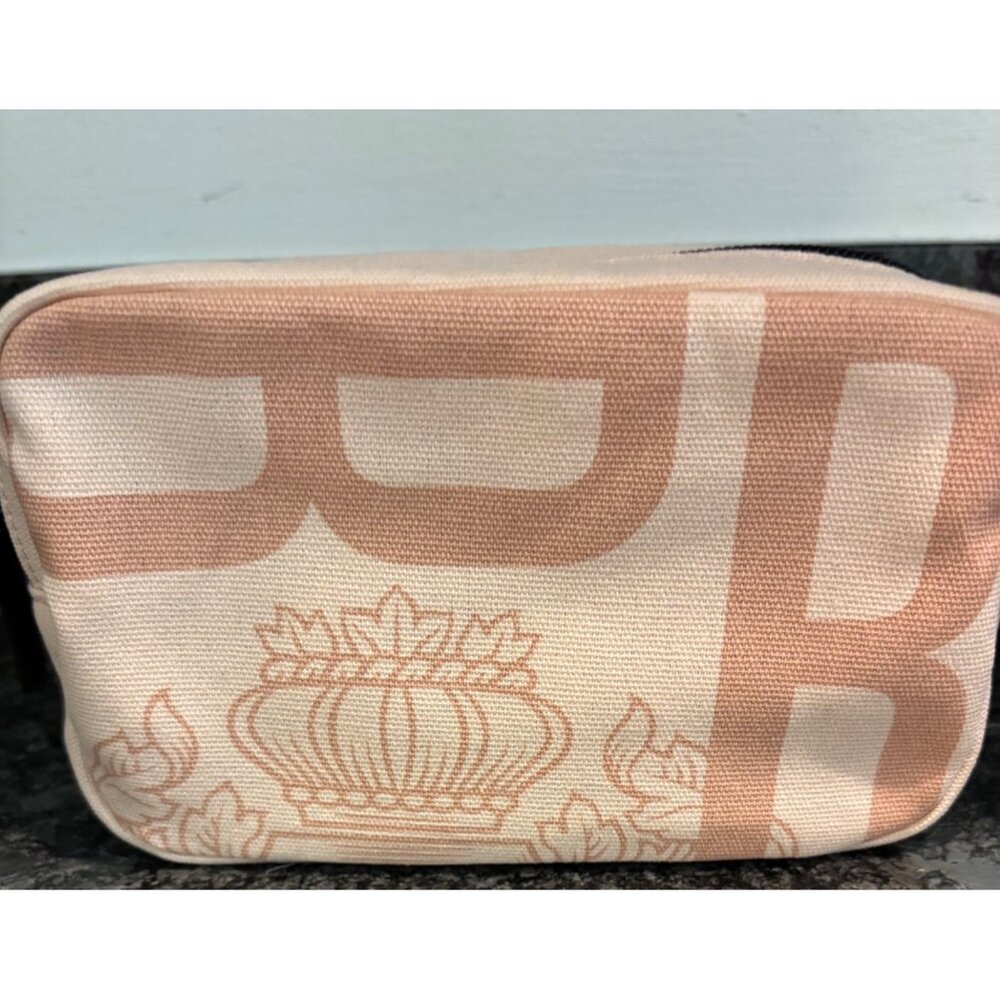 Bobbi Brown Beige Cosmetic Bag With Crown & Monogram Print Canvas Zipper Closure